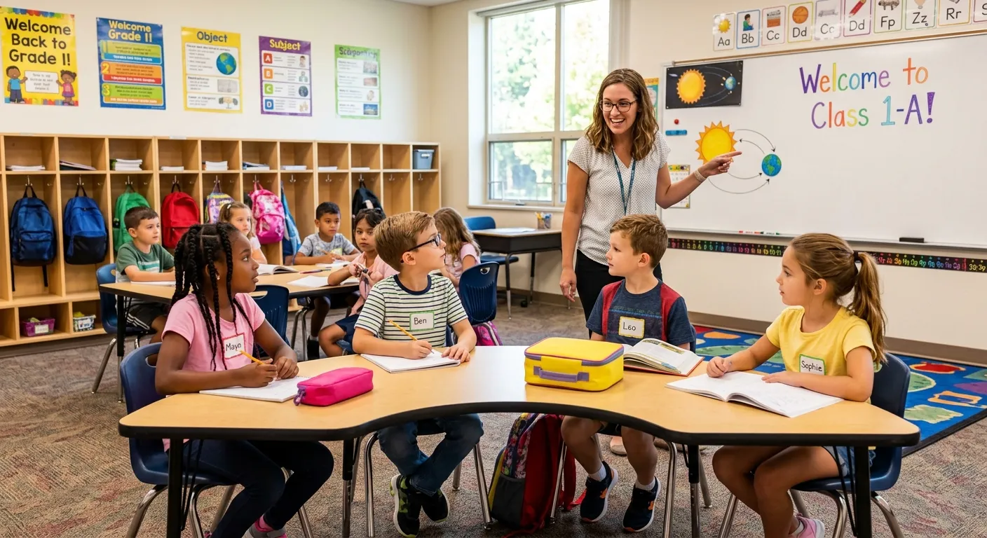 Teacher with primary school students working in the classroom